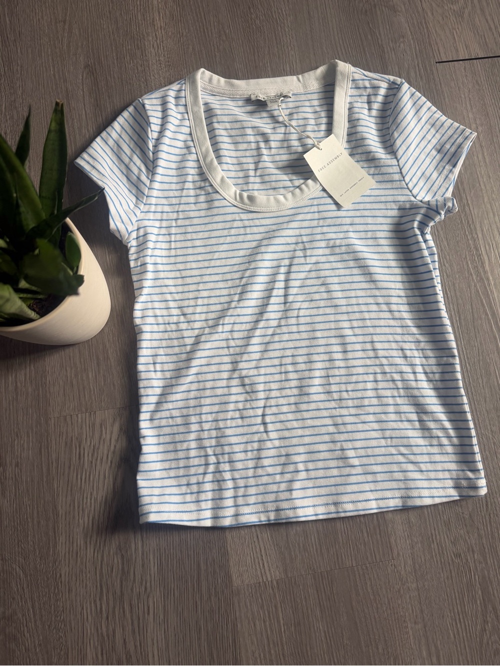 Madewell White and Light Blue Striped Scoop Neck Tee
